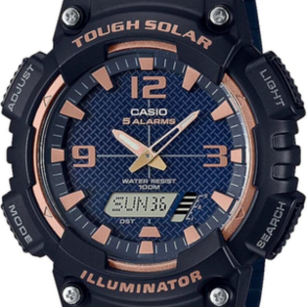 NWT Casio Watch AQ-S810W Series Men's Rose Gold w/Blue Band Solar Power